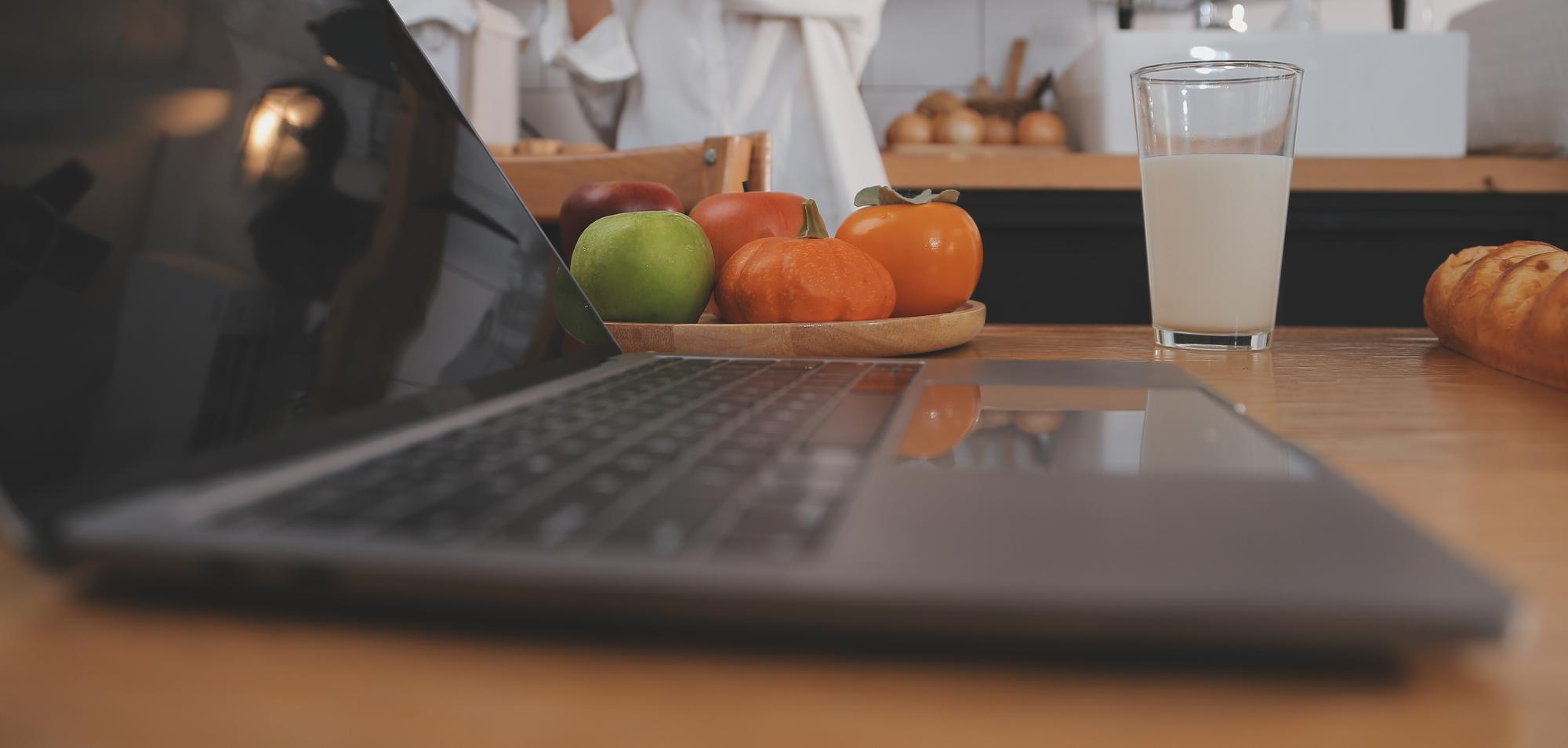 Small cooking studio with laptop and ingredients
